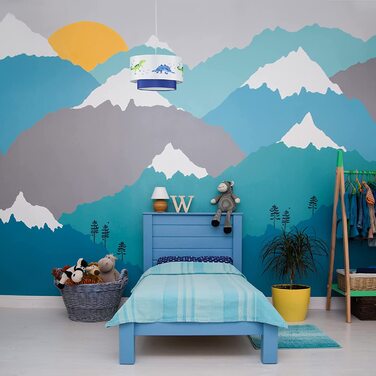 Relaxdays Dino Hängelampe, runder Lampenschirm mit Dinosaurier-Motiv, für Kinder- & Babyzimmer, HxD 126x30 cm, weiß-blau