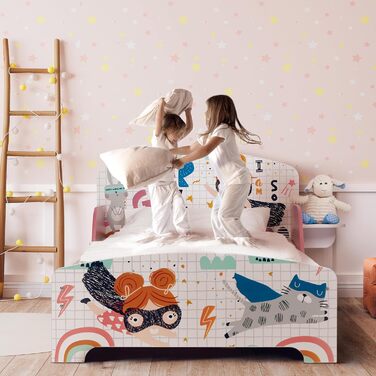 Relaxdays Kinderbett, HBT 60 x 94 x 143 cm, Kleinkindbett mit Ablage, Rausfallschutz, Lattenrost, Superheldin, MDF, bunt