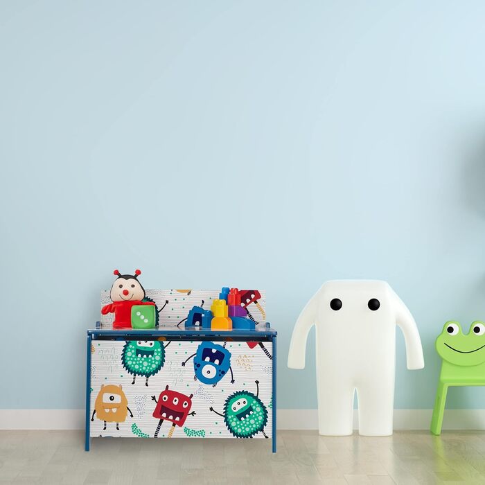 Relaxdays Spielzeugtruhe, Monster-Design, Spielzeugkiste mit Deckel, HBT: 50x60x36,5 cm, MDF, Spielzeugbox, blau/weiß