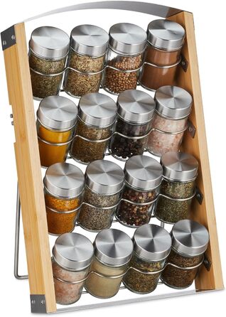 Relaxdays Gewürzständer inkl. 16 Gewürzdosen, 80 ml, Bambus Gewürzregal, HBT: 37x23,5x18 cm, Natur/Silber