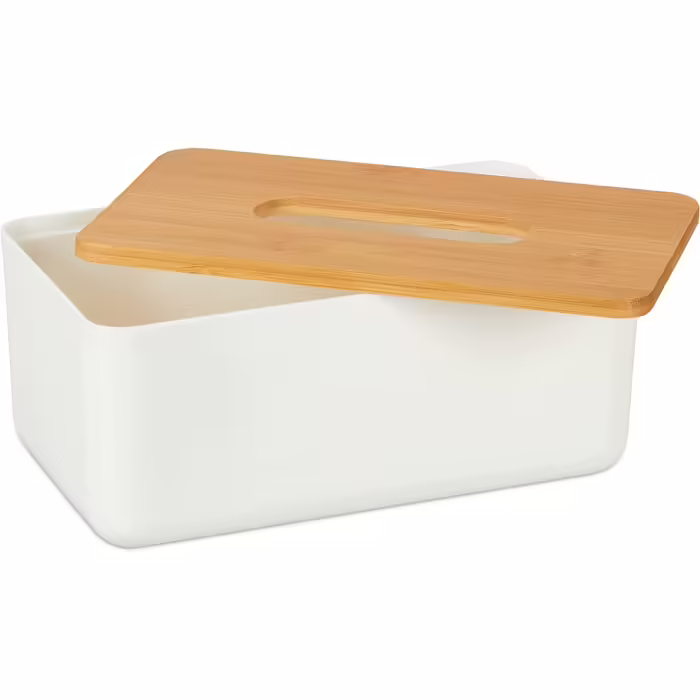 Tücherbox mit Bambusdeckel, fürs Bad, modernes Design, Kunststoff, 10x3x13 cm, weiß/Natur (4)