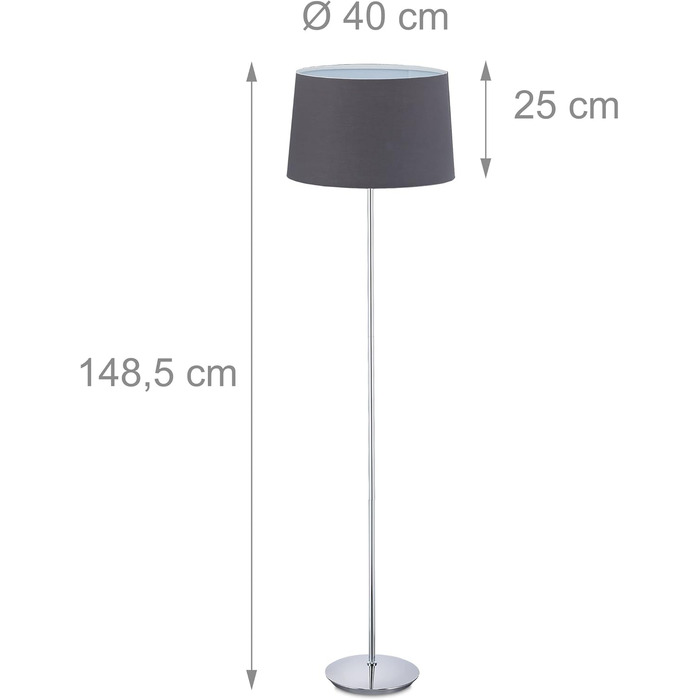 Relaxdays Stehlampe, Stoffschirm, verchromter Fuß, E27, Ø 40 cm, 148,5 cm hoch, Grau