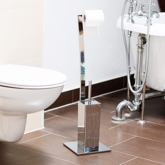 Relaxdays Stand WC Garnitur WIMEDO eckig HBT: 71 x 20 x 20 cm Toilettenbürstenhalter aus Edelstahl mit Lackierung Toilettenpapierhalter und Klorollenhalter als freistehende WC Bürstengarnitur, (Silber)