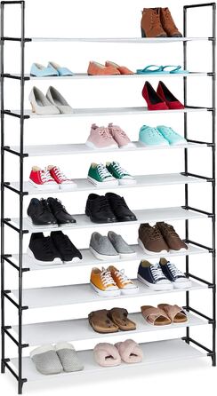 Relaxdays XXL Schuhregal Stecksystem, 10 Ebenen, für 50 Paar Schuhe, Stoff Schuhständer HBT 176,5x99x29,5 cm, (Weiß)