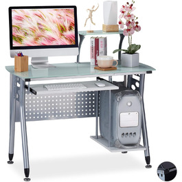 Relaxdays Computertisch, Glas, Tastaturauszug, Rechnerfach, 98x105x55 cm, modern, weiß, PB, Metall