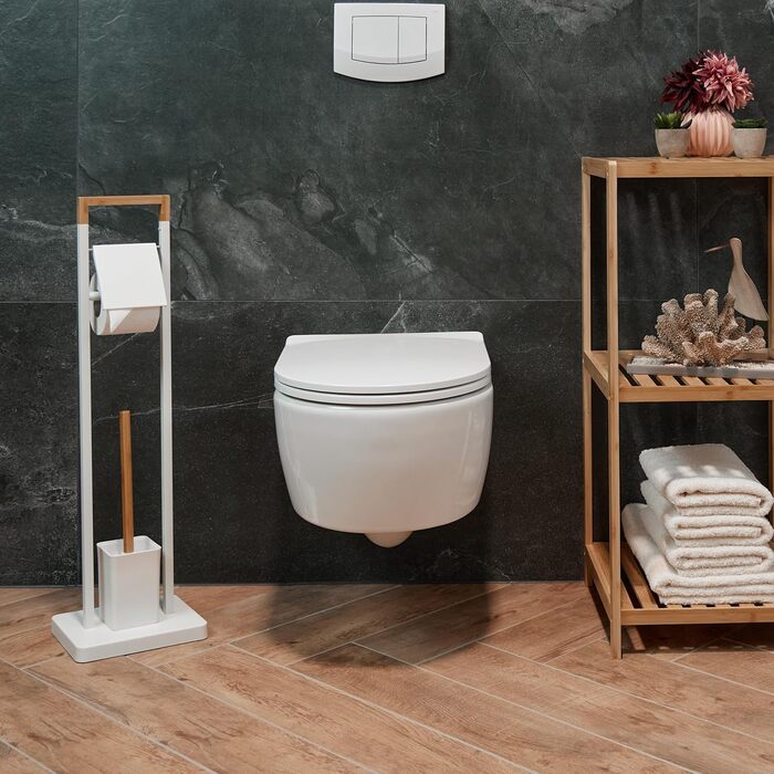 Relaxdays WC Garnitur, Bambus, Edelstahl, stehender Klopapierhalter, Toilettenbürste mit Halter (Weiß/Natur)