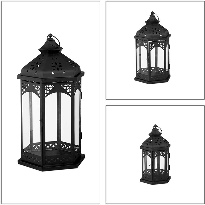 Relaxdays 3er Laternen Set, Deko Laternen für draußen & drinnen, 3 Größen, vintage, Retro Windlicht für Kerzen, schwarz