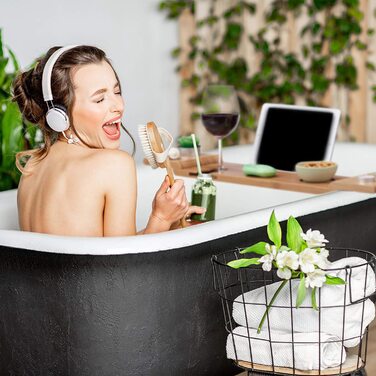 Relaxdays Badewannenablage Bambus, 70cm breit, Badetablett für Glas, Handy, Tablet, Badewannenbrett zum Einhängen, natur