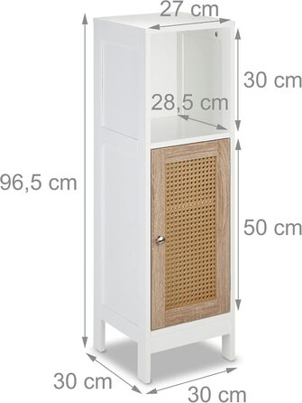 Relaxdays Badezimmerschrank, 3 Fächer, 96,5x30x30 cm, schmal, Rattan-Tür, weiß/Natur