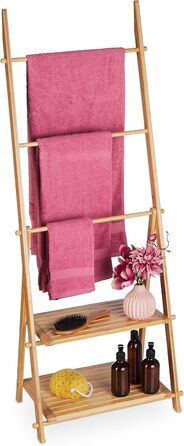 Relaxdays Handtuchleiter Bambus, 3 Stangen, 2 Ablagen, klappbar, 134x53x31,5 cm, Standhandtuchhalter Natur
