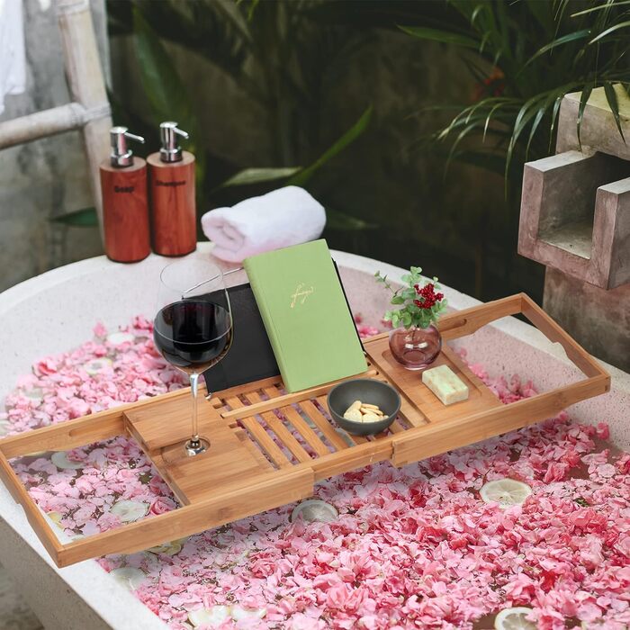Relaxdays Badewannenablage, Bambus, 70-105 cm ausziehbar, Buchstütze, Weinglashalter, Badewannentisch, Natur/schwarz