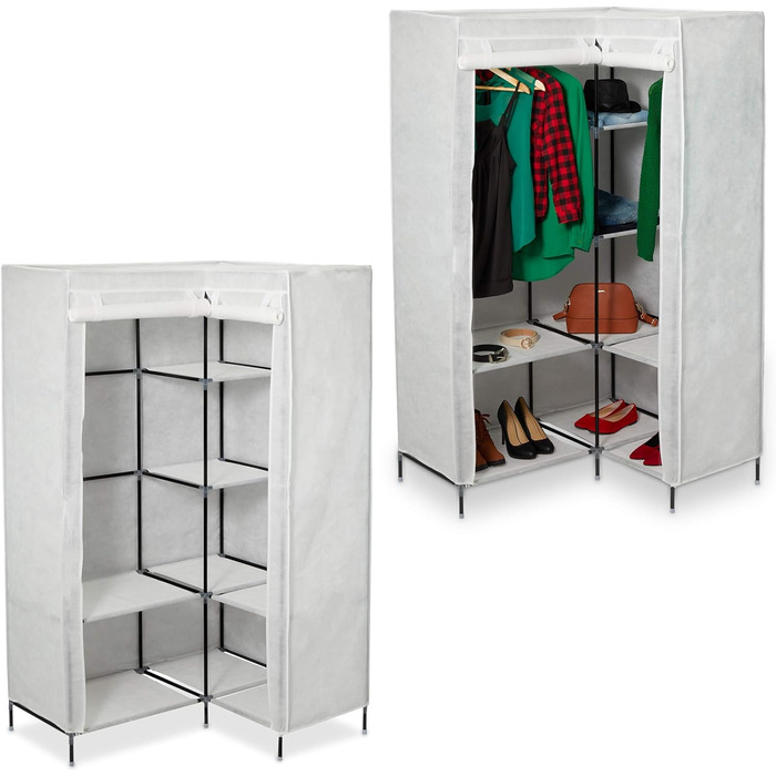 Relaxdays  x Eckkleiderschrank 3. Generation, 8 Ablagen und 2 Kleiderstangen, Stecksystem, mit 2 Türen, HBT: 69x00x83 cm,     Stück (1, Weiß, Schwarz, 169 x 100 x 166 cm)