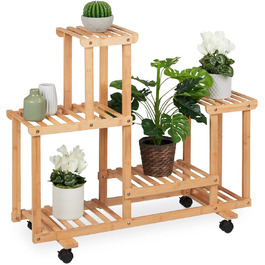 Relaxdays Pflanzenregal, Blumenständer mit 6 Ablagen, Bambus, 79x95x36 cm, rollbar, für Innenbereich