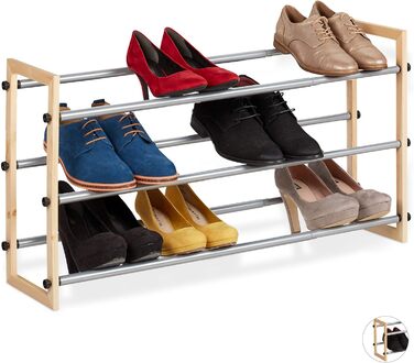 Relaxdays Schuhregal ausziehbar, offener Schuhständer mit 2 Ebenen, Holz & Eisen, erweiterbar bis 118 cm Breite, Natur (3 Etagen)