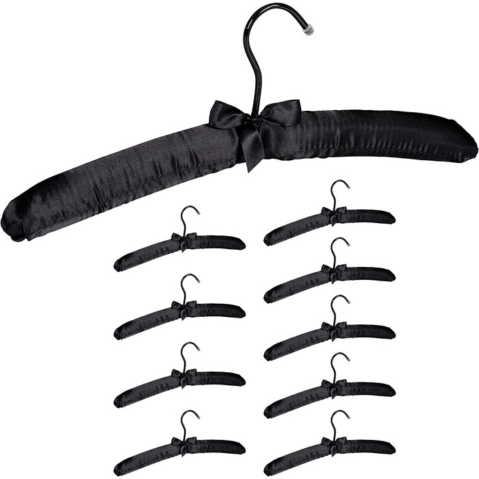 Relaxdays Kleiderbügel Satin,  weich gepolstert, 360° drehbarer Haken, dekorative Schleife, 38 cm breit, (10er Pack, Schwarz)