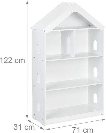 Relaxdays Kinderregal, Hausform, 5 Fächer, hoch, für Bücher & Spielzeug, HxBxT: 122x71x31 cm, Kinderzimmerregal, weiß