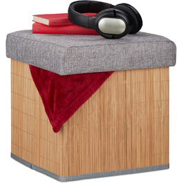 Relaxdays faltbarer Sitzhocker mit Stauraum, gepolstert, Bambus, 36x35x35 cm, Natur/Grau