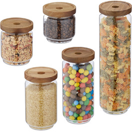 Relaxdays Vorratsdosen, 300-1500 ml, Drehverschluss, Glas/Akazie, braun/transparent, 5er Set
