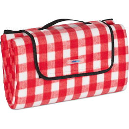 Relaxdays XXL Picknickdecke, 200 x 200 cm, Fleece Stranddecke, wärmeisoliert, wasserdicht, mit Tragegriff, rot/weiß