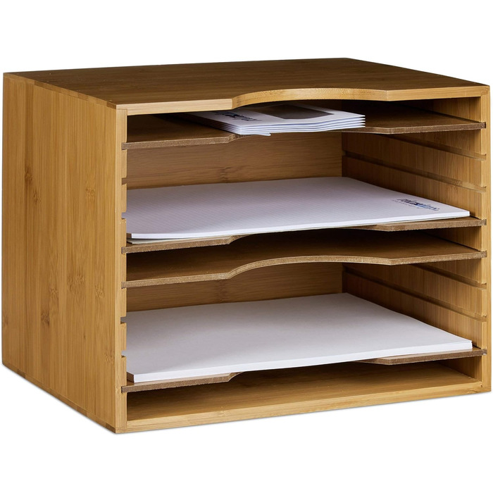 Relaxdays Briefablage aus Bambus HBT: ca. 26 x 33 x 24,5 cm Ablagesystem für den Schreibtisch Dokumentenablage mit 4 variablen Einlegeböden Papierablage aus Holz für Briefe und Unterlagen, natur