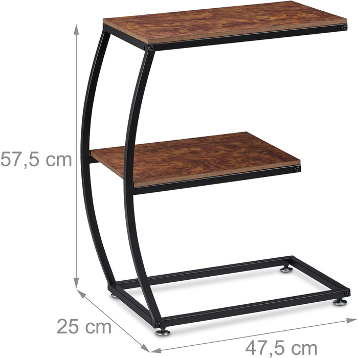 Relaxdays Beistelltisch, 2 Ablagen, C-Form, Industrial Design, Sofatisch Metall & Holzoptik, HBT: 57,5x47,5x25 cm, braun