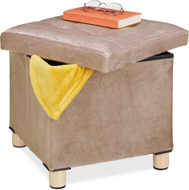 Relaxdays Samthocker mit Stauraum, Tablett, Holzbeine, eckig, 35x38x38 cm, Holz (Creme)