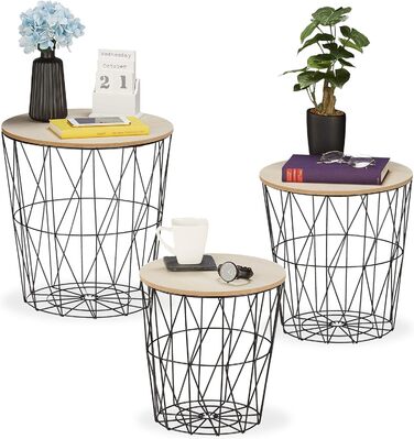 Relaxdays Korbtisch 3er Set, rund, Korb Beistelltisch Wohnzimmer, Metall & Holzoptik, 3 Größen, Drahtkorb-Tisch, schwarz