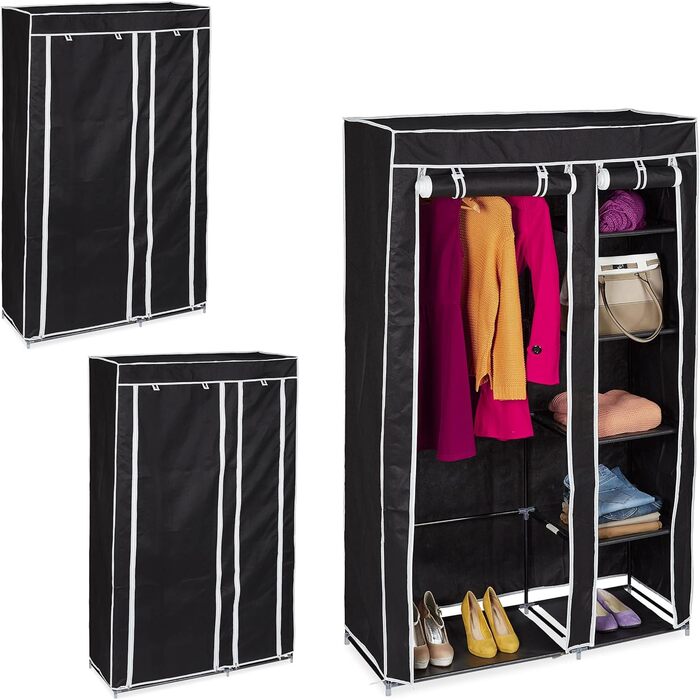 Relaxdays 3 x Stoffschrank, mit Kleiderstange & 5 Fächern, HBT: 174 x 107 x 42,5 cm, Stabiler Faltschrank mit Bezug, schwarz