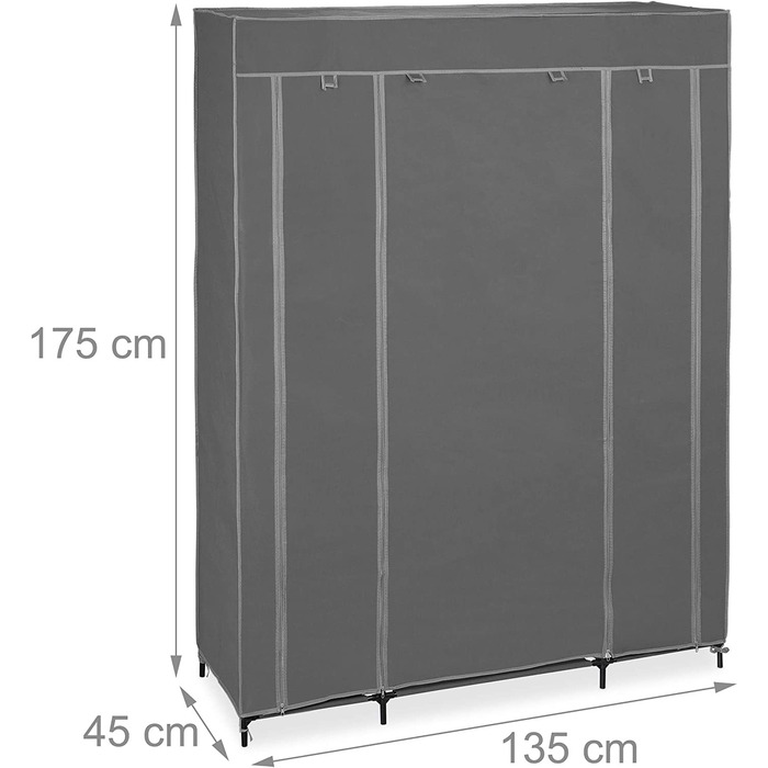 Relaxdays Stoffschrank mit Kleiderstange & 12 Ablagen, HBT: 175x135x45cm, Kleiderschrank mit Reißverschluss, anthrazit