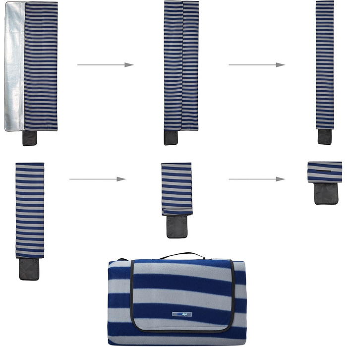 Relaxdays XXL Picknickdecke, 200x300 cm, isoliert, wasserdicht, gestreifte Fleece Stranddecke, Tragegriff, blau/grau