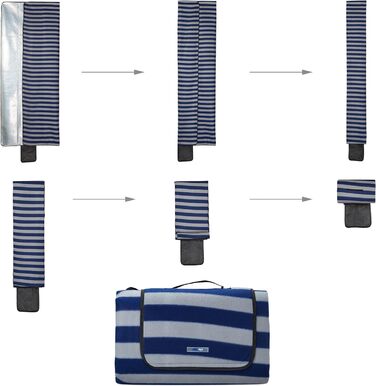 Relaxdays XXL Picknickdecke, 200x300 cm, isoliert, wasserdicht, gestreifte Fleece Stranddecke, Tragegriff, blau/grau