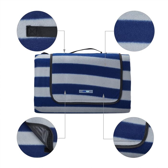 Relaxdays XXL Picknickdecke, 200x300 cm, isoliert, wasserdicht, gestreifte Fleece Stranddecke, Tragegriff, blau/grau