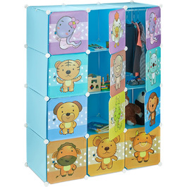 Relaxdays, blau Steckregal Kinderzimmer, Tiermotive, Jungen, Türen, Kleiderstangen, Kunststoff Kleiderschrank, 145x110cm, 60%, Standard
