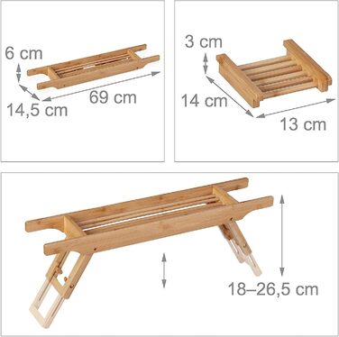 Relaxdays Badewannenablage Bambus, 69 cm breit, ausklappbare Füße, Badewannenbrett mit Seifenablage, Wannenablage, Natur