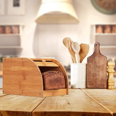 Relaxdays Brotkasten Bambus, rollbare Frontklappe, aromadichte Brotaufbewahrung, Rollbrotkasten, HBT: 18x20x27 cm, natur