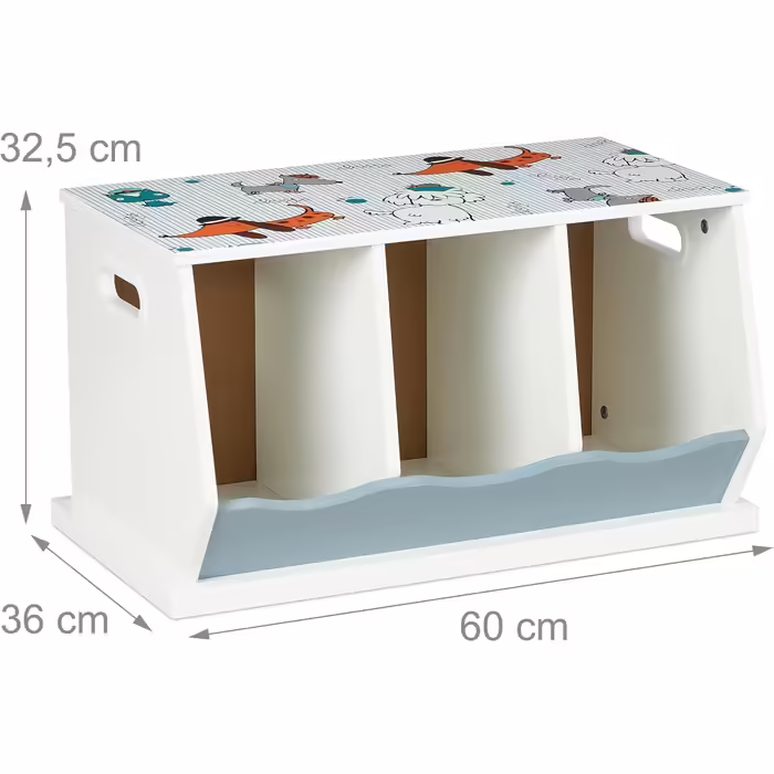 Relaxdays Kinderregal mit Hundemotiv, 3 Fächer, HxBxT: 32,5 x 60 x 36 cm, Mädchen & Jungen, MDF, Bücherregal, bunt