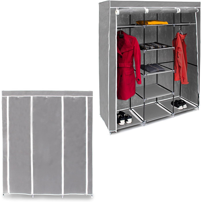 Relaxdays  x Faltschrank Valentin XXL, Stoffschrank, 2 Kleiderstangen, 9 Ablagen, Kleiderschrank, HBT 73 x 48 x 42,5 cm,     Stück (1, Anthrazit, Weiß, 173 x 148 x 86 cm)