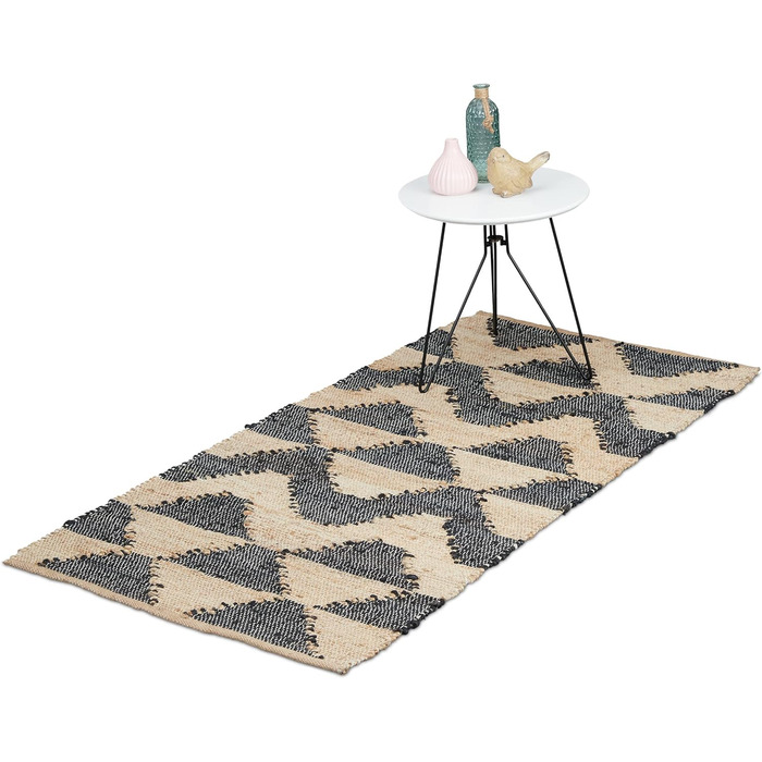 Relaxdays Läufer, Zick-Zack Muster, 70 x 140 cm, Baumwolle und Jute, rutschhemmend, handgewebt, Teppich, schwarz/beige