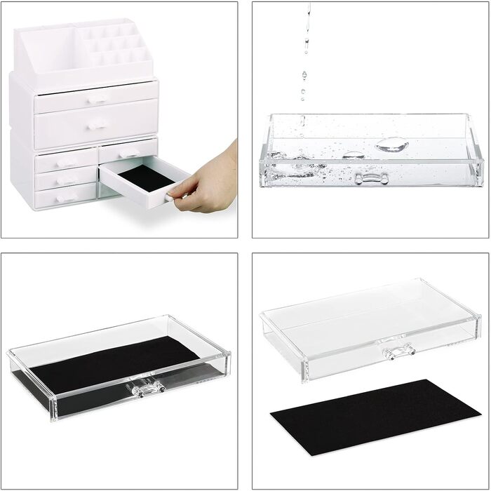 Relaxdays Make Up Organizer Acryl, 2-teilige Schminkaufbewahrung mit Lippenstifthalter und 4 Schubladen, transparent, 19 x 24 x 13.5 cm