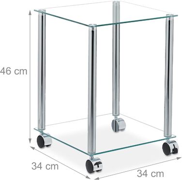 Relaxdays Beistelltisch mit Rollen, 2 Ablagen, eckig, Wohnzimmer, Glas & Stahl, mobiler Couchtisch, transparent/silber