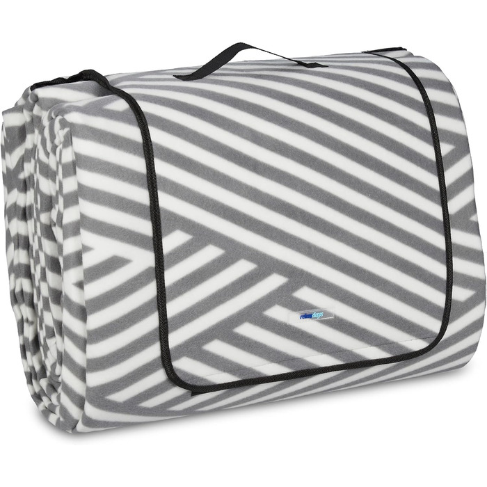 Relaxdays XXL Picknickdecke, 600x200 cm, isoliert, wasserdicht, Fleece Stranddecke, Tragegriff, Zickzack, weiß/grau