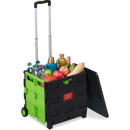 Relaxdays Einkaufstrolley klappbar, bis 35 kg, 50 l Kiste, mit Teleskopgriff, 2 Rollen, Transport Trolley, grün/schwarz