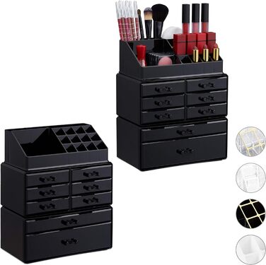 Relaxdays  x Make Up Organizer mit Schubladen, stapelbarer Schmuckkasten für Make Up, Acryl Schminkaufbewahrung,     Stück (1, Schwarz, 2er pack)