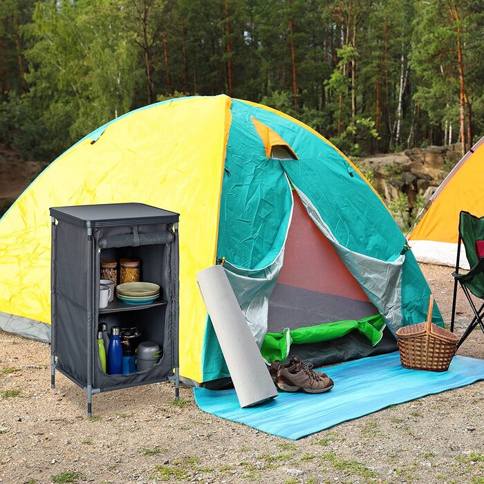 Relaxdays Campingschrank mit 2 Ablagen, HBT: 87x47,5x47,5 cm, Campingregal mit Tischaufsatz, Stauraum im Vorzelt, grau