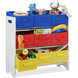Relaxdays, weiß/bunt Kinderregal mit Boxen, 9 Faltbare Körbe mit Henkeln, Metallrohre, Spielzeug, MDF, HxBxT: 62x63x28cm, Standard