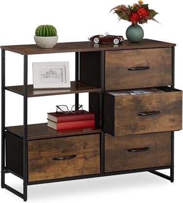 Relaxdays Kommode Industrial, 4 Schubladen, HBT: 71,5x84x32,5 cm, Stoff/Metall/Holzoptik, braun/schwarz
