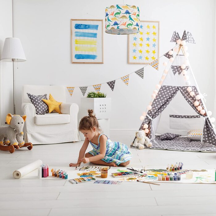 Relaxdays Hängelampe Kinderzimmer, Lampenschirm mit Dinosauriern, HxD: 145 x 35 cm, E27, Pendelleuchte für Kinder, bunt