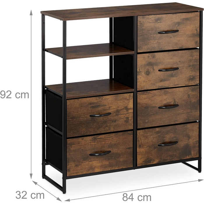 Relaxdays Kommode, 6 Schubladen, 3 Ablagen, Industrial, 92x84x32 cm, braun/schwarz, Eisen