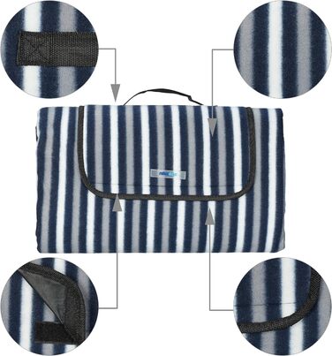 Relaxdays XXL Picknickdecke, 200 x 200 cm, Fleece Stranddecke, wärmeisoliert, wasserdicht, Tragegriff, blau/grau/weiß