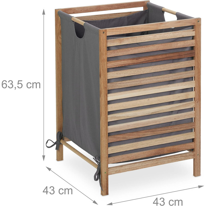 Relaxdays Wäschekorb Holzgestell, 60 L Stoffbeutel, HxBxT: 63,5 x 43 x 43 cm, ohne Deckel, Wäschesammler, Natur/grau